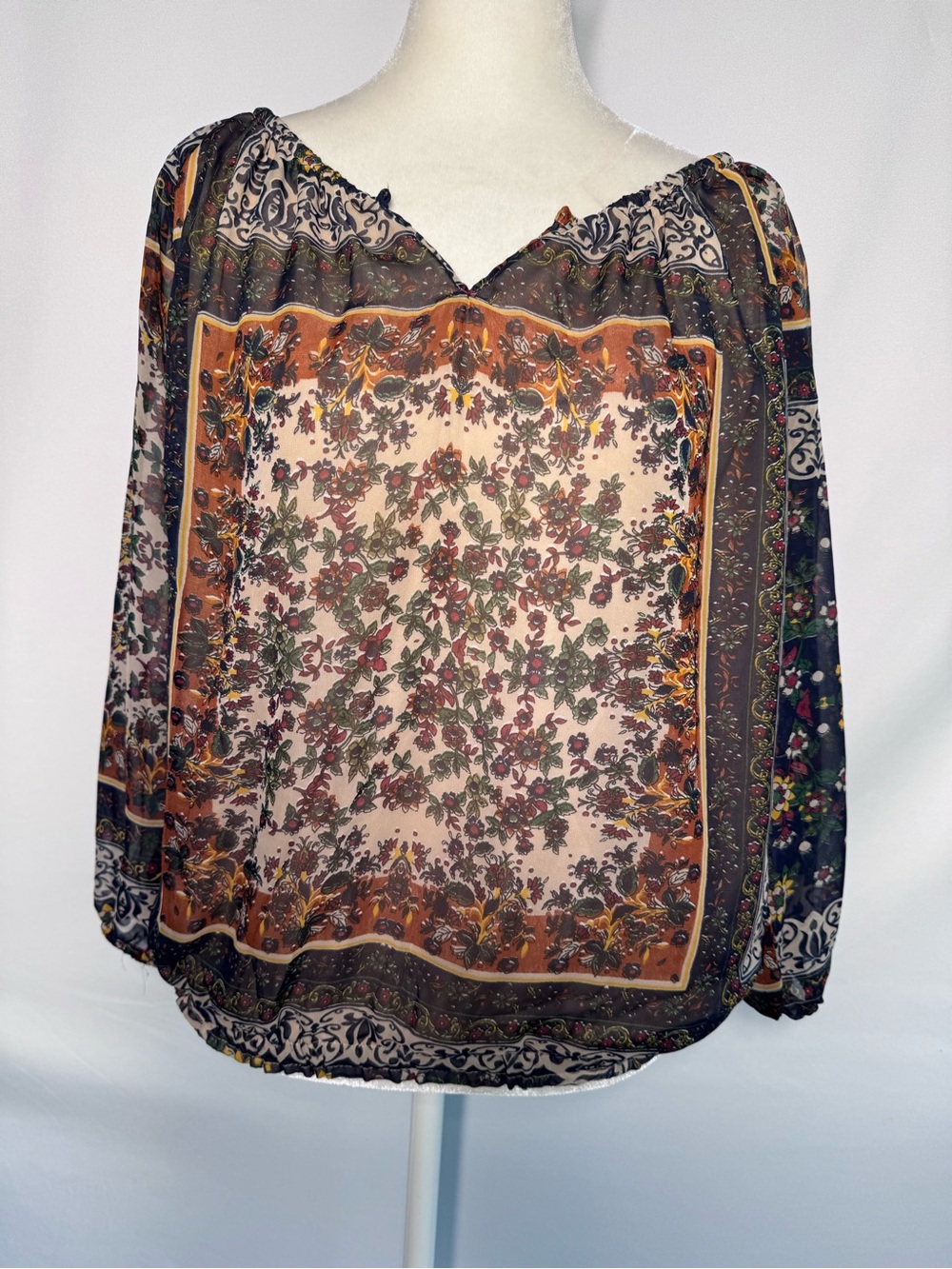 ❤️3/$30 Massini Boho Mixed Floral Paisley Print Sheer Peasant Blouse Top - S